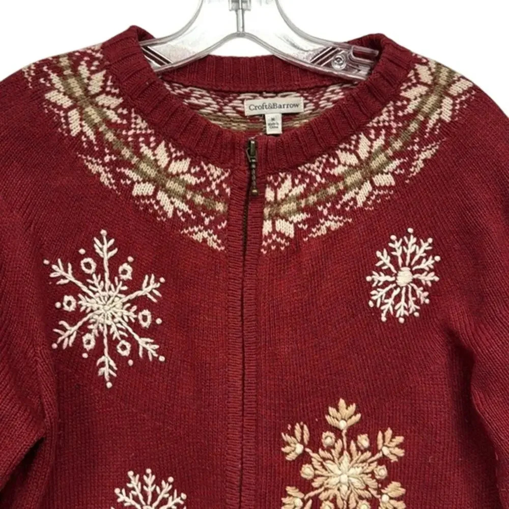 Women's Croft & Barrow Red White Christmas Snowflake Zip Up Sweater Size‎ Medium - Picture 7 of 7